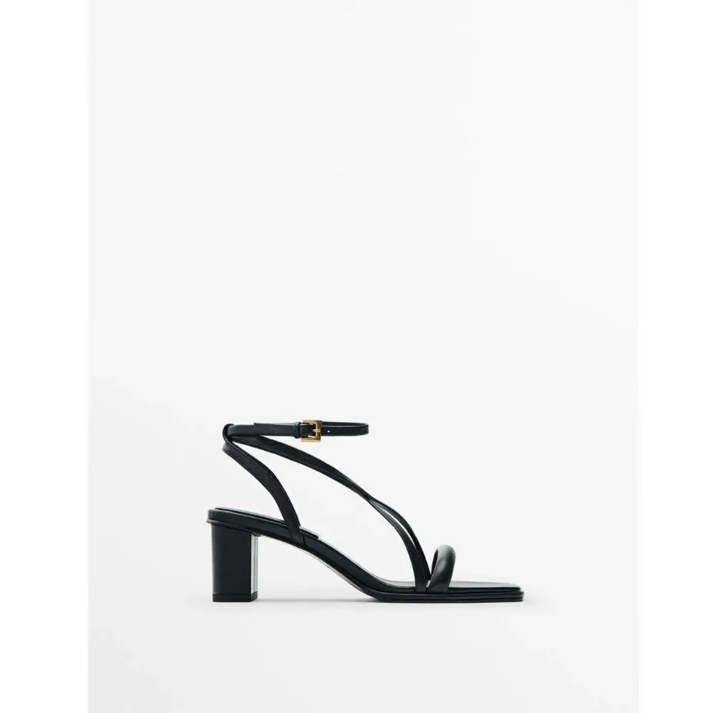 Massimo Dutti Strappy Leather Block Heel Sandals EU 40 US 9 Black 1602/250 NWT